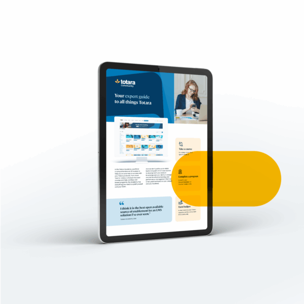 Tablet with Totara Academy brochure